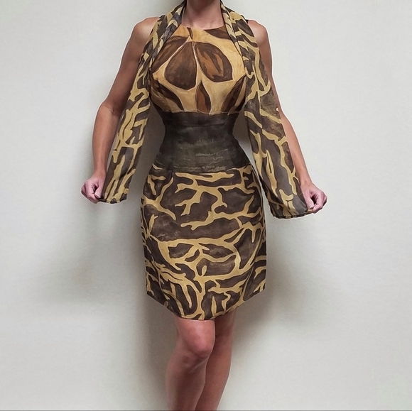 80s Vintage PG Collections Brown Giraffe Print Chiffon Mini Dress Scarf Set 6 - Picture 2 of 16